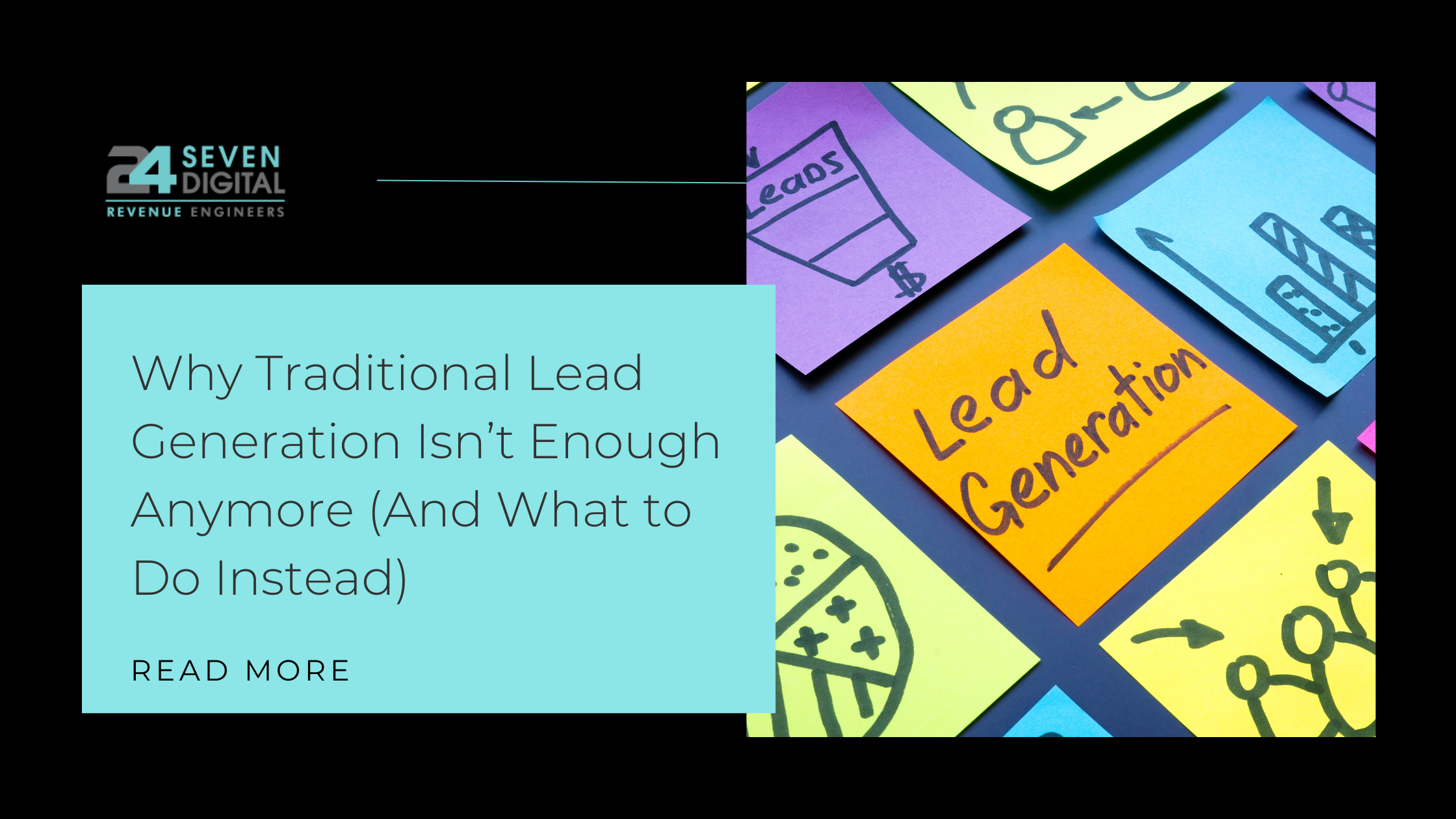 Lead generation concepts written on sticky notes with the business logo, blog title, and read more option.